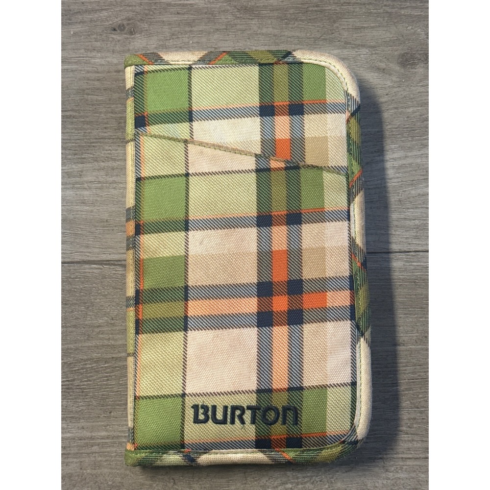 Burton Travel Wallet Plaid Canvas Green Orange Zipper Organizer Passport Case